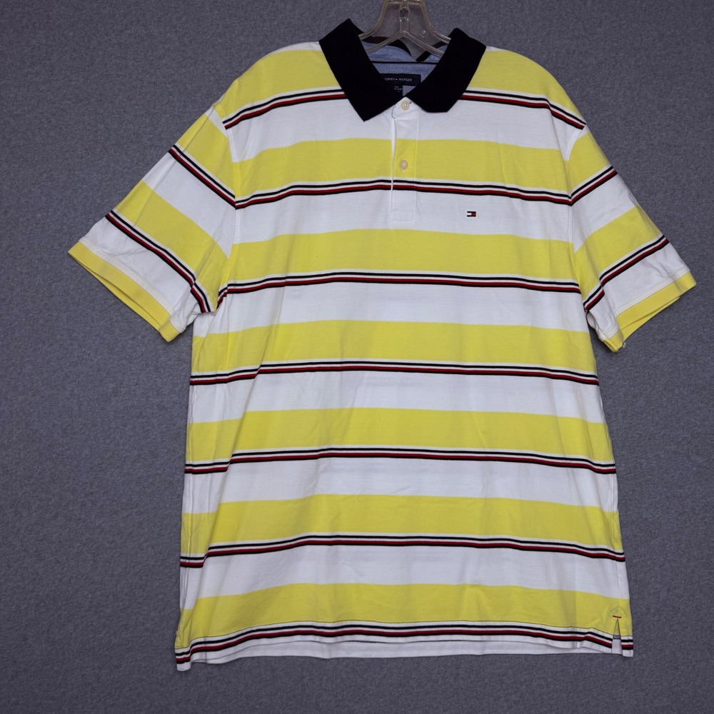 Tommy Hilfiger Mens XXL Custom Fit Striped Polo Shirt Yellow White Navy Cotton